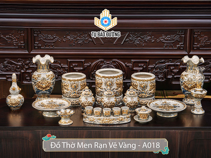Bộ Đồ Thờ Men Rạn Vẽ Vàng MRV-A018