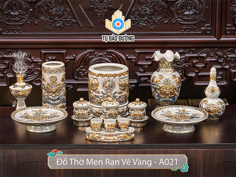 Bộ Đồ Thờ Hoa Sen Men Rạn Vẽ Vàng MRV-A021