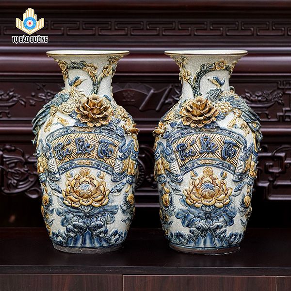 Lọ Lục Bình Phúc Lộc Thọ 50cm Men Rạn Đắp Nổi - Gốm Sứ Bát Tràng