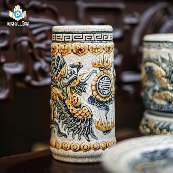 Ống hương men rạn Bát Tràng hoa văn Rồng Phượng