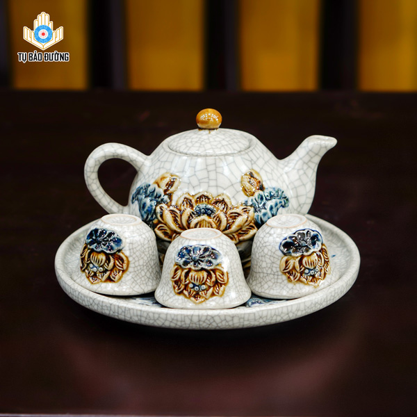 Bộ Ấm Trà Thờ Sen Men Rạn - Gốm Sứ Bát Tràng