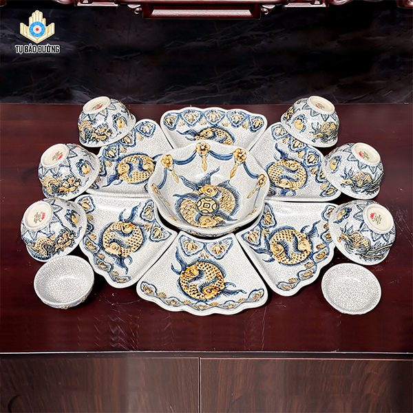 Bộ Bát Đĩa Hoa Mặt Trời Song Ngư Men Rạn - Gốm Sứ Bát Tràng