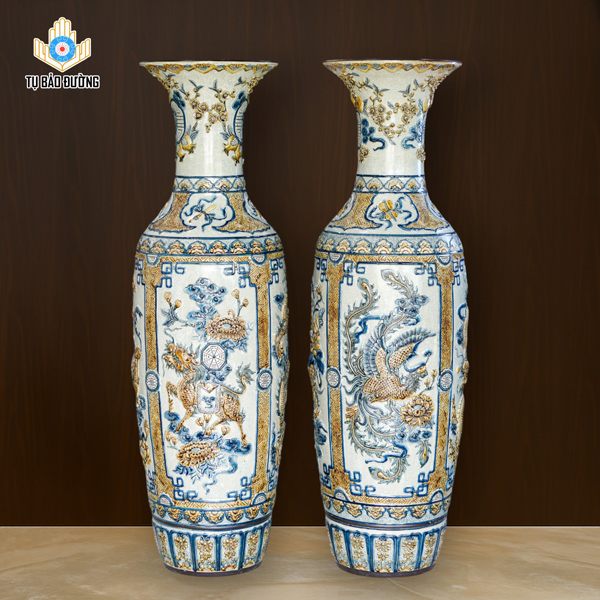 Lọ Lục Bình 1m4 Tứ Linh Men Rạn (Hoa Đào) - Gốm Sứ Bát Tràng