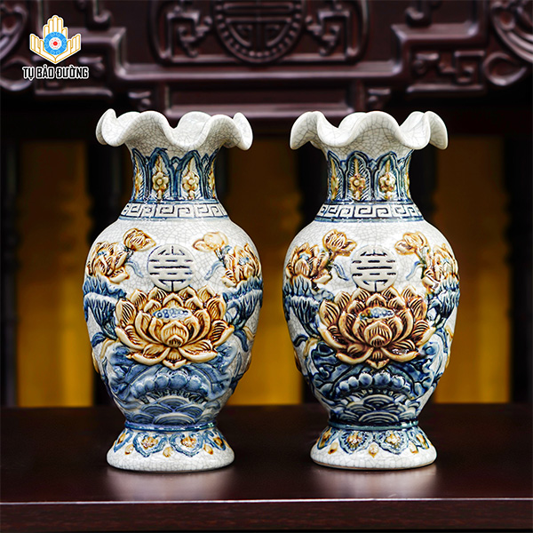 Lọ hoa thờ Sen men rạn gốm sứ Bát Tràng