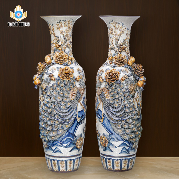 Lọ Lộc Bình Công Đào 1m4 Men Rạn (Quả Lựu - Quả Đào) Đắp Nổi- Gốm Sứ Bát Tràng