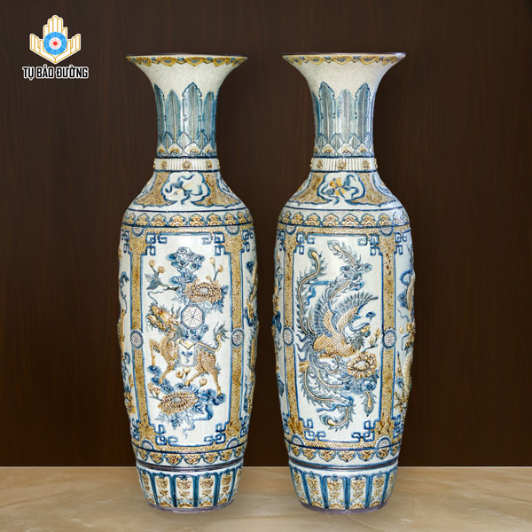 Lọ Lộc Bình 1m4 Tứ Linh Men Rạn (Lông Công) - Gốm Sứ Bát Tràng