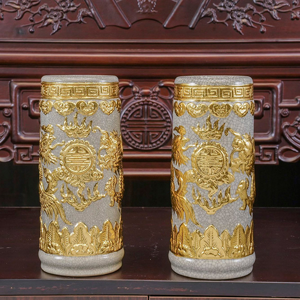 Ống hương Rồng Phượng men rạn vẽ vàng gốm sứ Bát Tràng