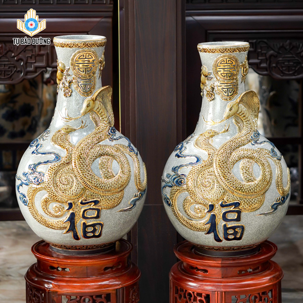 Bình Tỏi Song Xà Phúc Lộc Men Rạn Vẽ Vàng - Gốm Sứ Bát Tràng