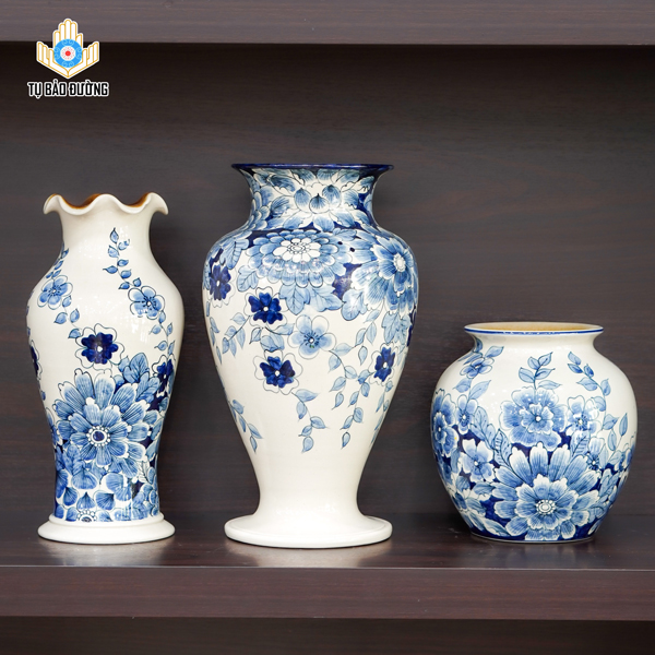 Bộ Bình Decor Họa Tiết Hoa Men Lam - Gốm Sứ Bát Tràng