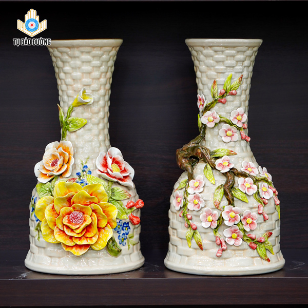 Bình Hoa Decor Hoa Đào, Hoa Vàng Đắp Nổi - Gốm Sứ Bát Tràng