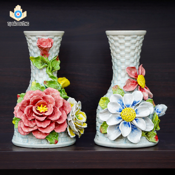 Lọ Hoa Decor Hoa Mẫu Đơn, Hoa Cúc Đắp Nổi - Gốm Sứ Bát Tràng