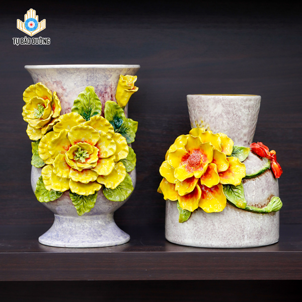 Bình Decor Hoa Mẫu Đơn Vàng Đắp Nổi - Gốm Sứ Bát Tràng