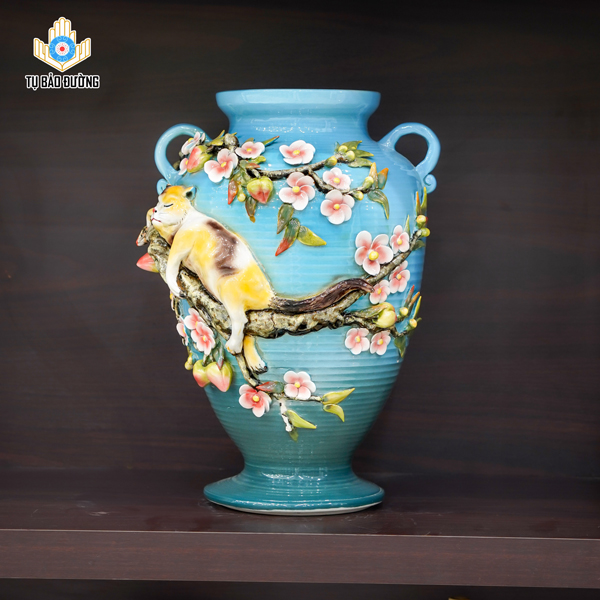 Bình Gốm Decor Mèo Con Ngủ Trên Cành Đào Đắp Nổi - Gốm Sứ Bát Tràng