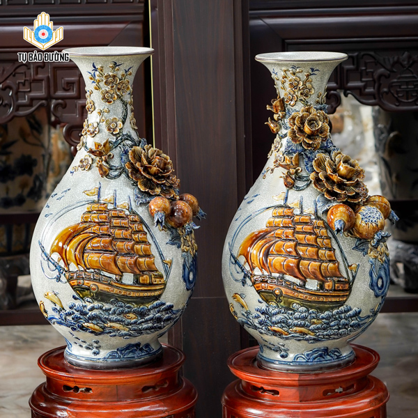 Bình Tỳ Bà Thuận Buồm Xuôi Gió (Quả Lựu) Men Rạn - Gốm Sứ Bát Tràng