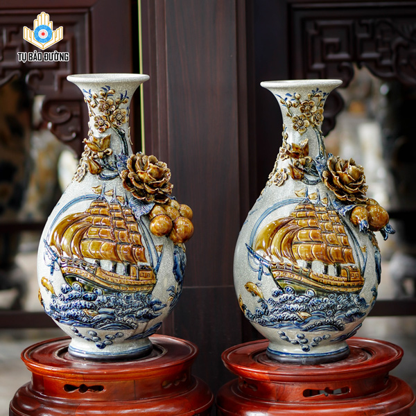 Bình Tỳ Bà Thuận Buồm Xuôi Gió (Hồ Lô) Men Rạn - Gốm Sứ Bát Tràng