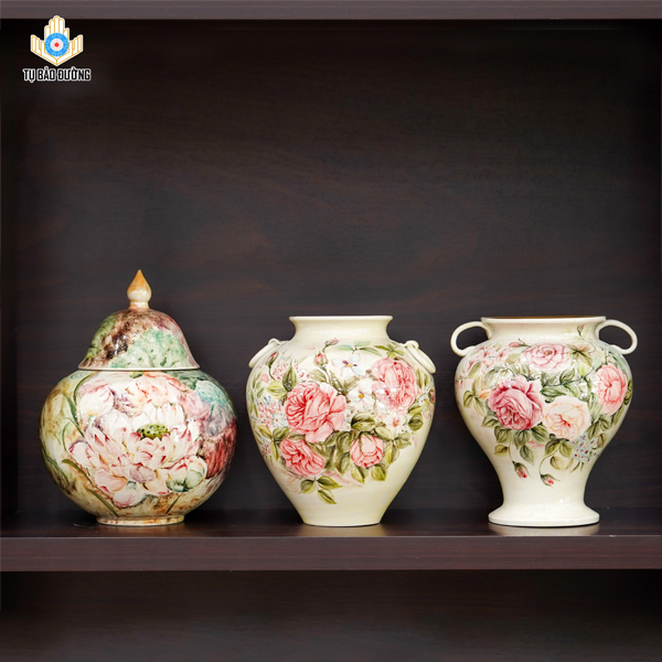 Bộ Bình Gốm Decor Vẽ Hoa Hồng, Hoa Sen - Gốm Sứ Bát Tràng