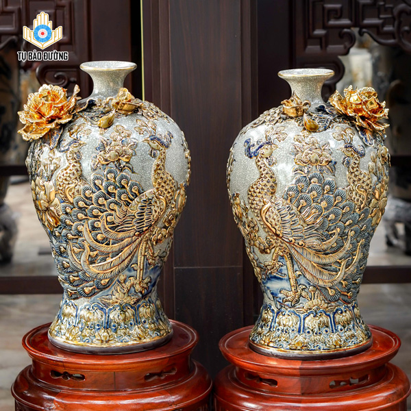 Mai Bình Công Danh Phú Quý Men Rạn Vẽ Vàng - Gốm Sứ Bát Tràng