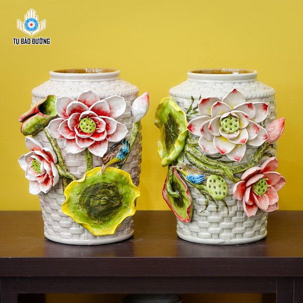 Bình Gốm Decor Hoa Sen Đắp Nổi - Gốm Sứ Bát Tràng