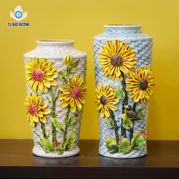 Bình Gốm Decor Hoa Hướng Dương Vàng Đắp Nổi - Gốm Sứ Bát Tràng