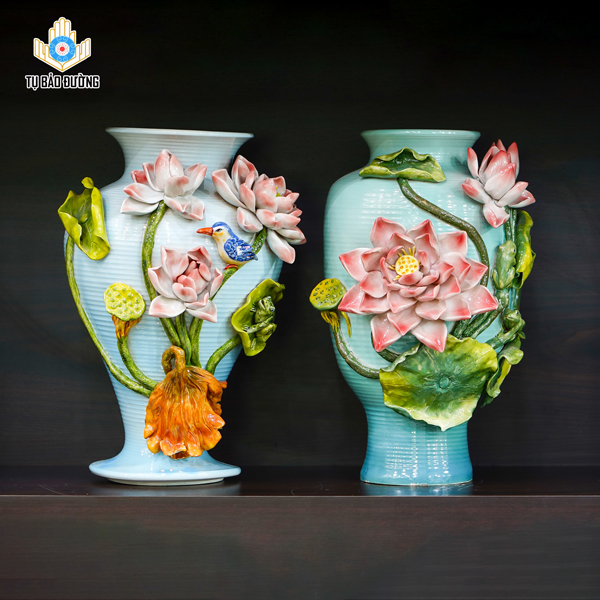 Bình Gốm Decor Hoa Sen Đắp Nổi - Gốm Sứ Bát Tràng