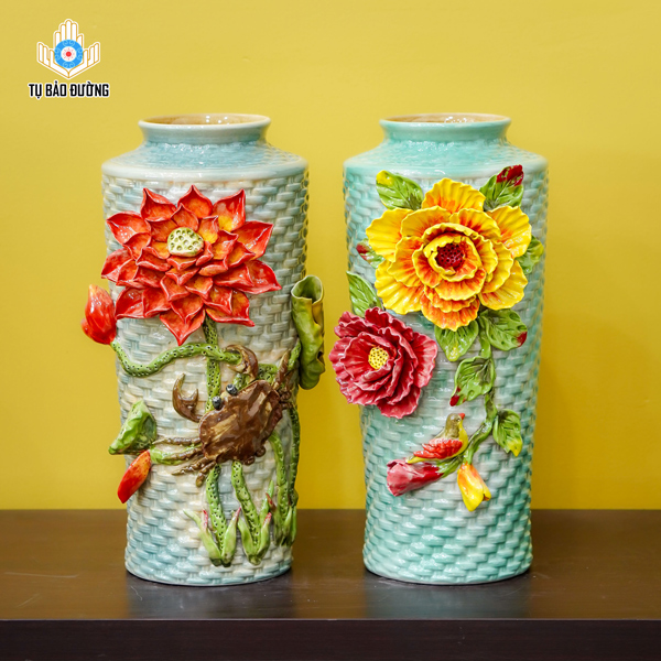 Bình Gốm Decor Hoa Sen, Hoa Mẫu Đơn Đắp Nổi - Gốm Sứ Bát Tràng