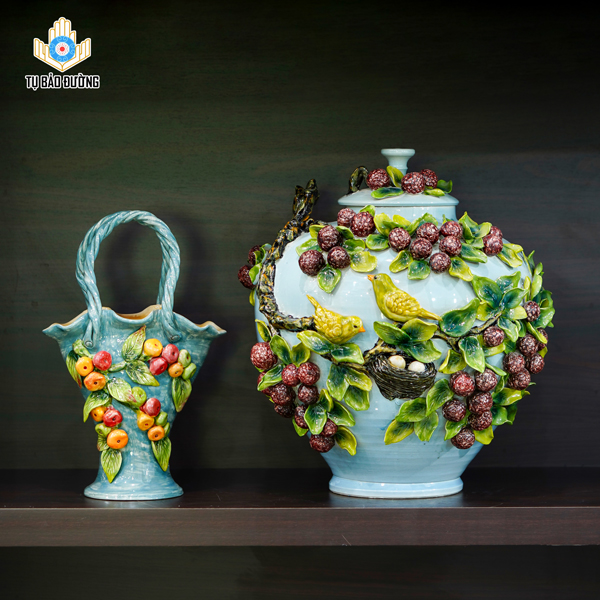 Giỏ Hoa Chùm Quả Sung + Bình Gốm Tổ Ấm Đắp Nổi - Gốm Sứ Bát Tràng