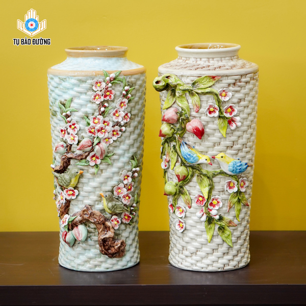 Bộ Bình Decor Đào Khai Xuân - Gốm Sứ Bát Tràng