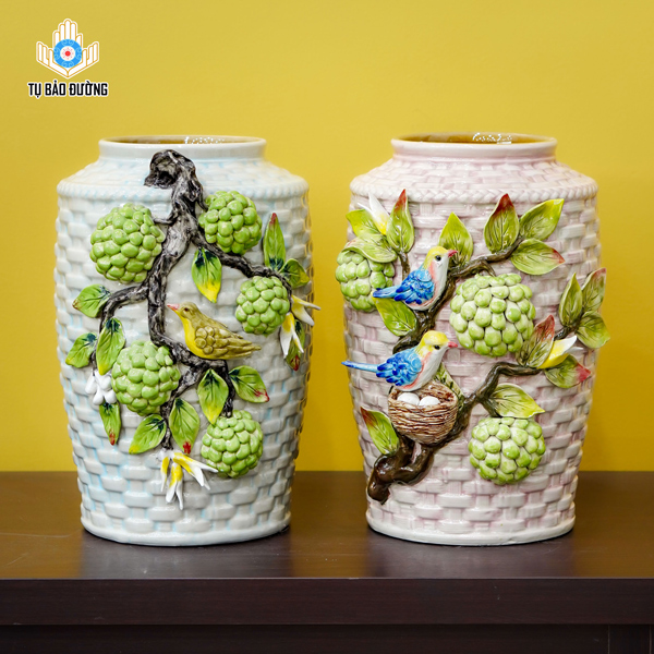 Đôi Bình Decor Chùm Quả Na Đắp Nổi - Gốm Sứ Bát Tràng