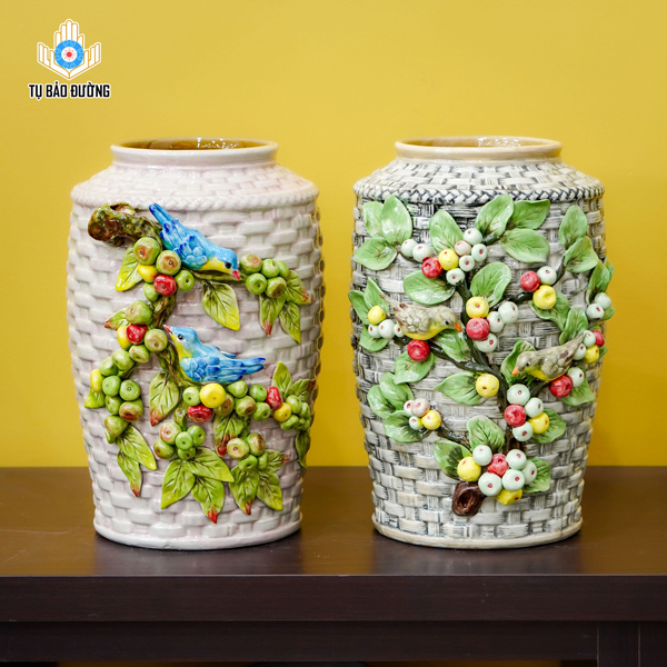 Bộ Bình Gốm Decor Chùm Quả Sung Đắp Nổi  - Gốm Sứ Bát Tràng
