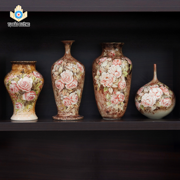 Bộ Bình Gốm Decor Hoa Hồng (Men Nâu ) - Gốm Sứ Bát Tràng