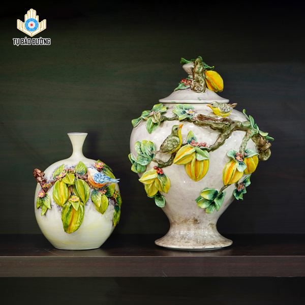 Bộ Bình Gốm Decor Chùm Quả Khế Đắp Nổi - Gốm Sứ Bát Tràng