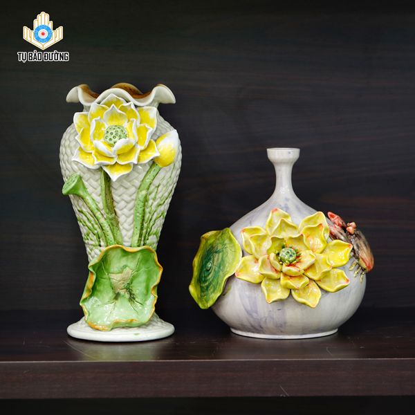 Bình Hút Lộc + Bình Gốm Decor Hoa Sen Vàng Đắp Nổi - Gốm Sứ Bát Tràng