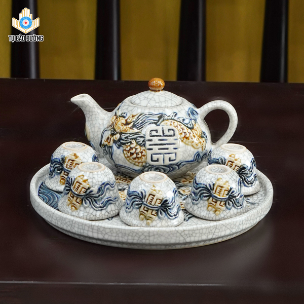 Bộ Ấm Trà Cuốn Thư - Rồng Phúc Men Rạn - Gốm Sứ Bát Tràng