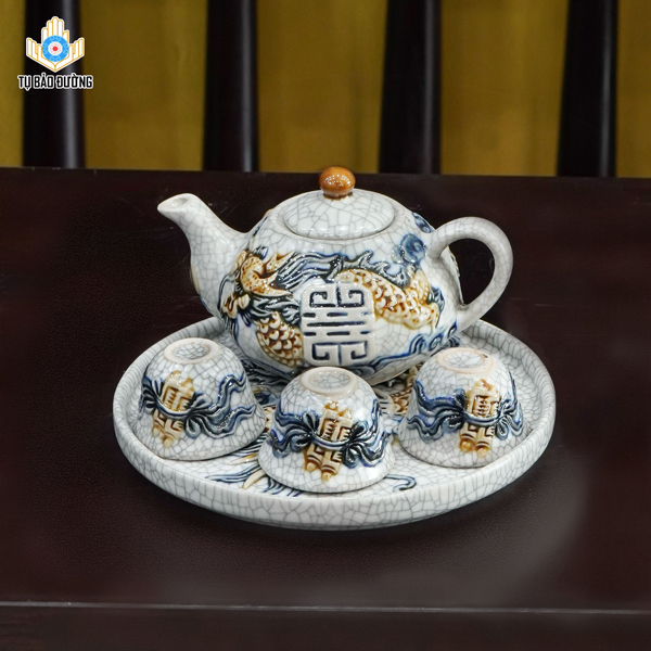 Bộ Trà Thờ Cuốn Thư - Rồng Phúc Men Rạn - Gốm Sứ Bát Tràng