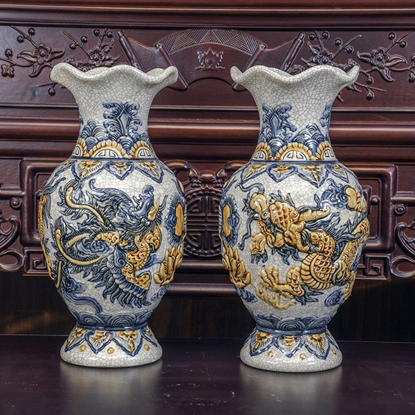 Lọ Hoa Thờ Long Phụng Cát Tường Men Rạn - Gốm Sứ Bát Tràng