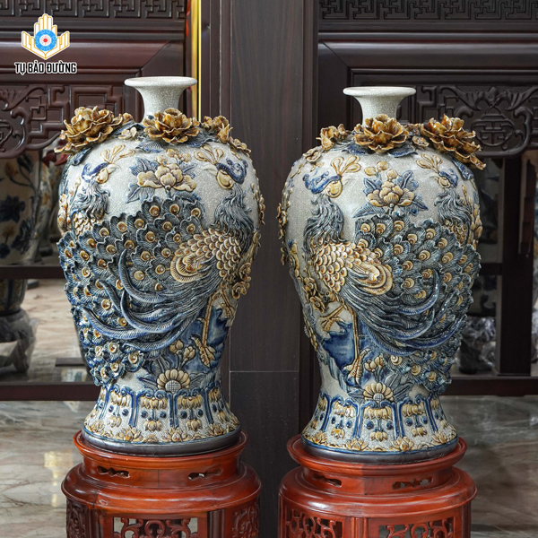 Mai Bình Công Danh Phú Quý Men Rạn Đắp Nổi - Gốm Sứ Bát Tràng