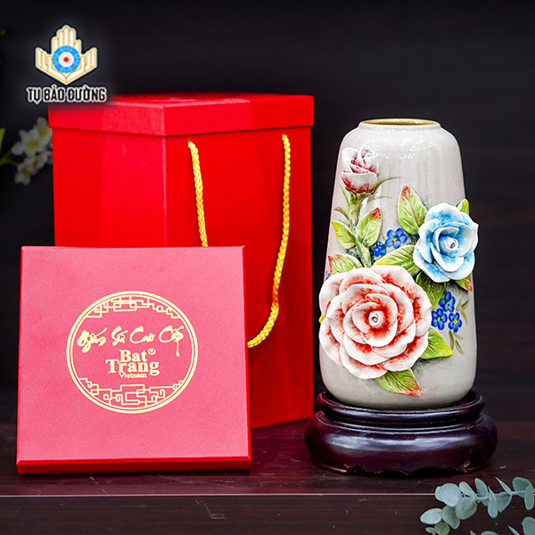 Bình Hoa Decor Đắp Nổi Hoa Hồng - Gốm Sứ Bát Tràng