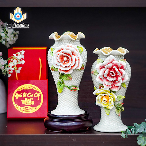 Đôi Bình Decor (Miệng Lượn ) Hoa Hồng Đắp Nổi - Gốm Sứ Bát Tràng