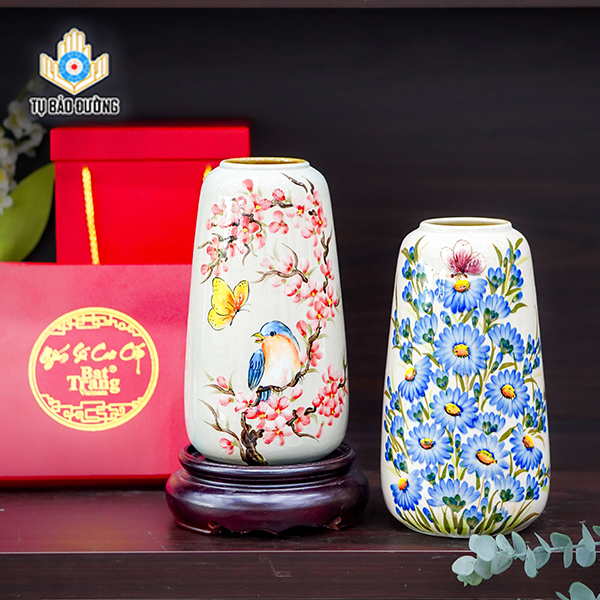 Đôi Bình Decor Cành Hoa Đào, Hoa Cúc Xanh - Gốm Sứ Bát Tràng