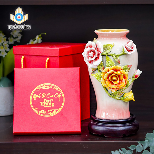 Bình Decor Hoa Hồng Đắp Nổi - Gốm Sứ Bát Tràng