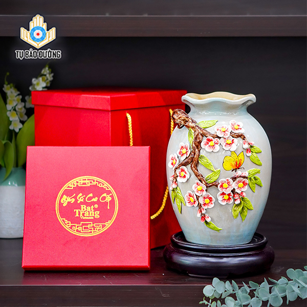 Bình Gốm Decor (Miệng Lượn) Hoa Đào Đắp Nổi - Gốm Sứ Bát Tràng