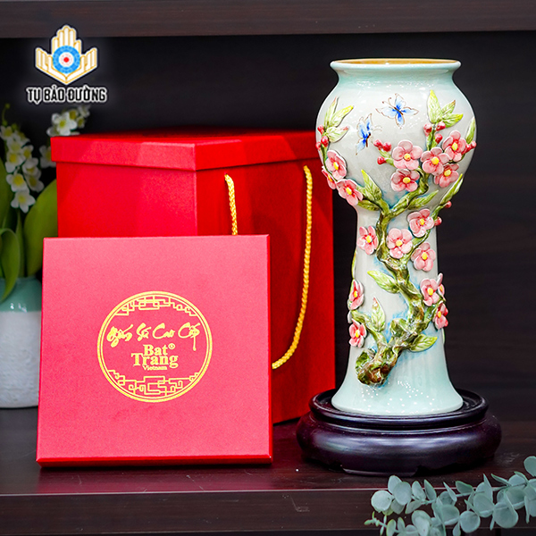 Bình Decor Đắp Nổi Cành Hoa Đào - Gốm Sứ Bát Tràng