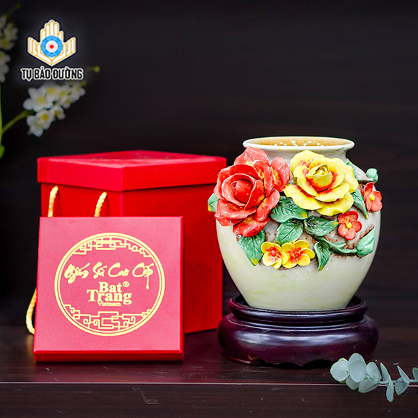 Bình Decor Hoa Hồng Đắp Nổi - Gốm Sứ Bát Tràng