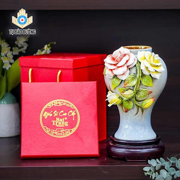 Bình Gốm Decor Hoa Hồng Đắp Nổi - Gốm Sứ Bát Tràng