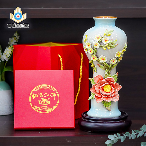 Bình Decor Hoa Mẫu Đơn, Cành Mai Vàng Đắp Nổi - Gốm Sứ Bát Tràng