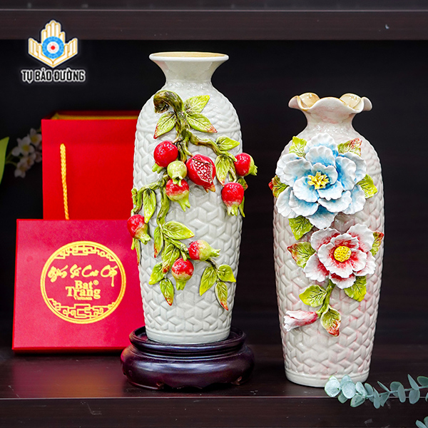 Bộ Bình Decor Chùm Quả Lựu, Hoa Mẫu Đơn Đắp Nổi - Gốm Sứ Bát Tràng