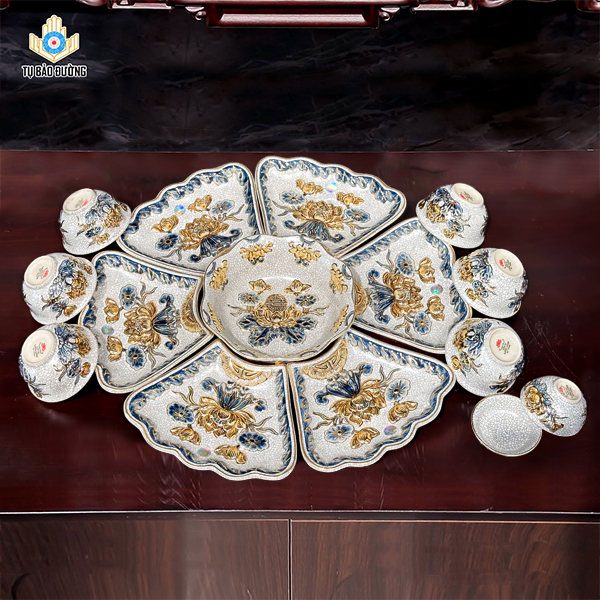 Bộ Bát Đĩa Hoa Mặt Trời Sen Men Rạn Vẽ Vàng - Gốm Sứ Bát Tràng