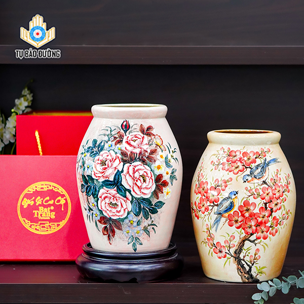 Bộ Bình Decor Vẽ Hoa Đào, Hoa Hồng - Gốm Sứ Bát Tràng