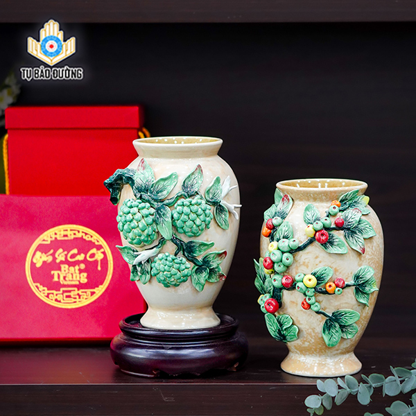 Bộ Bình Decor Cành Sung, Chùm Quả Na Đắp Nổi - Gốm Sứ Bát Tràng