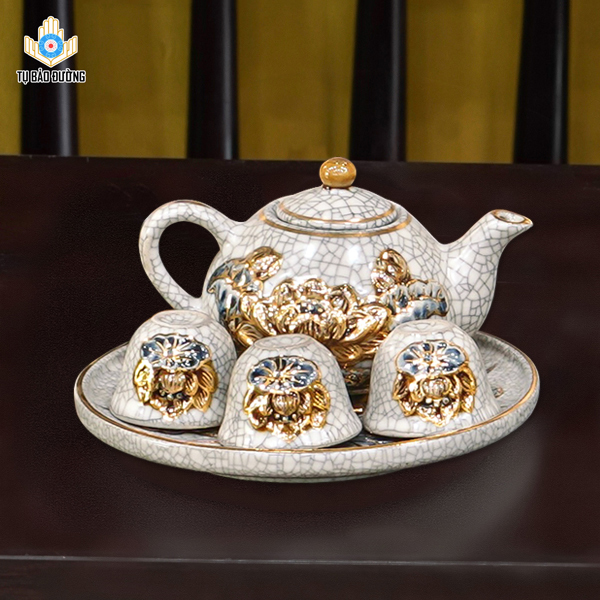 Bộ Trà Thờ Sen Men Rạn Vẽ Vàng - Gốm Sứ Bát Tràng